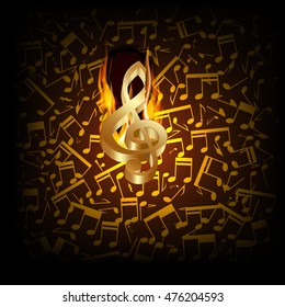 Vector illustration of musical background fire break with golden treble clef and musical notes in the background.