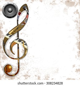 vector illustration of musical background instruments in the hole treble Clef trumpet, saxophone, piano keys, jazz guitar, acoustic guitar and an audio speaker