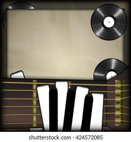 Vector illustration of musical background neck of the guitar and the piano keys as fingers on a background old paper vinyl records. There is room to place text or an image.
