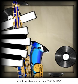 Vector illustration of musical background neck of the blue saxophone and the piano keys as fingers on a background old paper vinyl records. There is room to place text or an image.