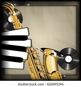 Vector illustration of musical background neck of the saxophone and the piano keys as fingers on a background old paper vinyl records. There is room to place text or an image.