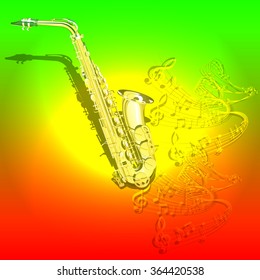 Vector illustration of musical background Saxophone and waves of musical notes on a colored textural background. You can use as a template billboards, advertising or separately.