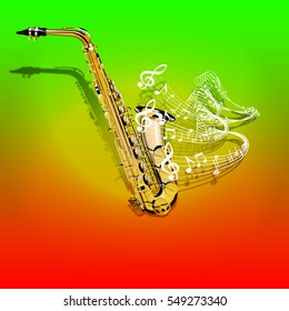 Vector illustration of musical background Saxophone and waves of musical notes on a colored textural background. You can use as a template billboards, advertising or separately.