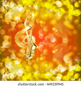 Vector illustration of musical background treble clef and a saxophone against a bright background with flares and sparks.