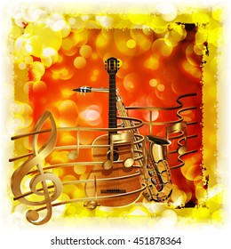 Vector illustration of musical background treble clef a saxophone and guitar against a bright background with flares and sparks.