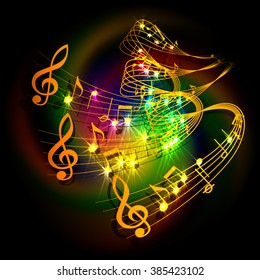Vector illustration of musical background waves musical notes on a colored background.