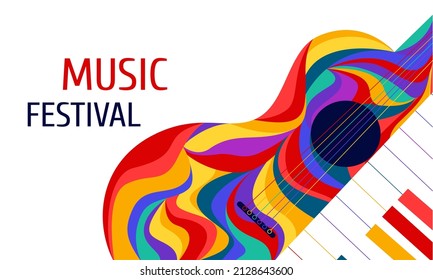 Vector illustration for a musical event with a colorful guitar and piano shape. A banner template for a festival and concert, a leaflet, a poster.