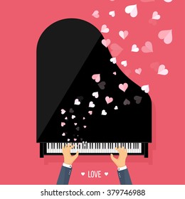 Vector illustration. Musical flat background with hearts. Love. Piano key, keyboard. Melody. Instrument.