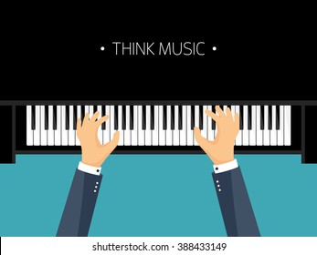 Vector illustration. Musical flat background. Piano key, keyboard. Melody. Instrument. Hands.