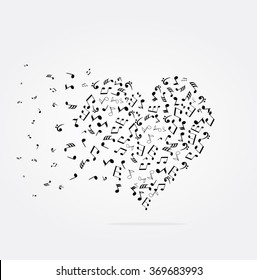 vector illustration of a musical heart with flying notes