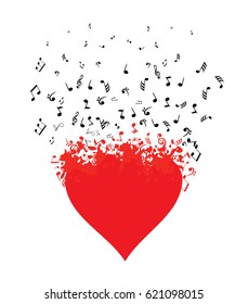 vector illustration of a musical heart with flying notes.