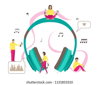Vector illustration for musical industry with small men and earphone. 