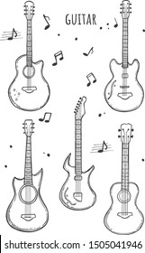 Vector illustration of musical instrument and notes collection. Doodle icons guitars set. Electric, acoustic, ukulele, Spanish. Transparent objects. Vintage hand drawn style.