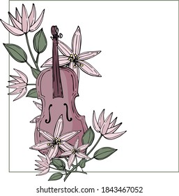 VECTOR ILLUSTRATION MUSICAL INSTRUMENT VIOLIN,OLD VIOLIN AMONG FLOWERS FOR GREETING CARD OR INVITATION