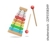 Vector illustration of musical instrument xylophone on transparent background in 3d style. Toys for children.