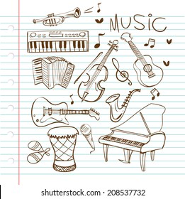 Vector illustration of musical instruments in black and white doodle sketch