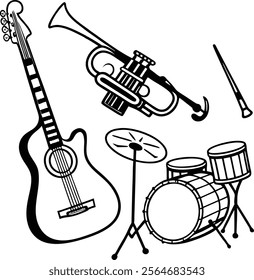 Vector Illustration of Musical Instruments: Guitar, Trumpet, and Drums