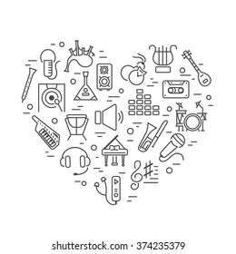 Vector illustration of musical instruments in heart shape on white background. Set of music icons: tambourine, notes, recorder, guitar, cassette, microphone, drum, piano, gong. Line style design.