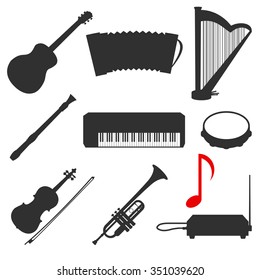 Vector illustration of musical instruments set. Black simple silhouette style.