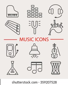 Vector illustration of musical instruments. Set of music icons: piano, headphones, gusli, bagpipes, music player, bell, violin, balalaika, notes, drum, equalizer. Clean line style design.