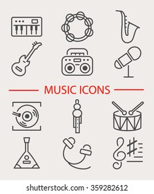 Vector illustration of musical instruments. Set of music icons: notes, headphones, balalaika, drum, record player, microphone, recorder, guitar, saxophone, tambourine, synthesizer. Line style design.