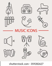Vector illustration of musical instruments. Set of music icons: recorder, piano, violin, drum, headphones, megaphone, accordion, disk, maracas, pan flute, sitar, french horn. Line style design.
