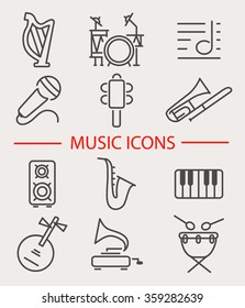 Vector illustration of musical instruments. Set of music icons: harp, trombone, gramophone, yueqin, shaking bell, notes, drum, microphone,  saxophone. Line style design.
