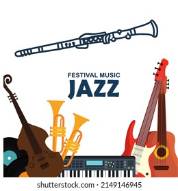 vector illustration of musical instruments violin, trumpet, piano, guitar, flute, top view. perfect for backdrops, music studios, music companies, and commemorating international jazz day