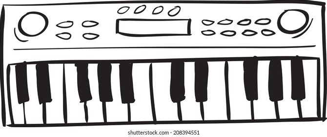 Vector illustration of musical keyboard in black and white doodle sketch