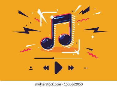 Vector illustration of a musical note with icons playing a musical composition, listening to music