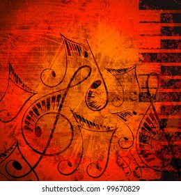 vector illustration of musical note with piano key against abstract grungy background