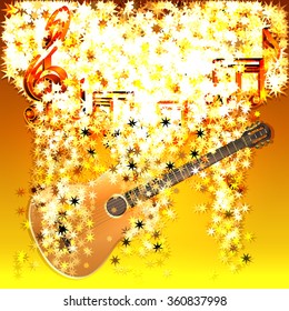 Vector illustration of musical notes in a cloud of stars and guitar downstream.It can be used as the poster, advertisement or separately.