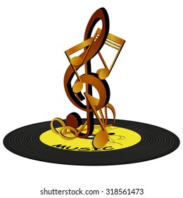 Vector illustration of musical Notes on the treble clef, standing on a vinyl record. Isolated objects can be used in any work for the billboard or a poster, as well as separately.
