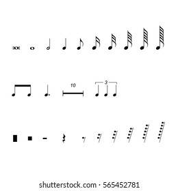 Vector illustration musical notes and pauses.  Black music symbols isolated on white. Music notation sign set. Musical key collection. Notation clef