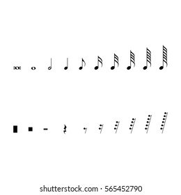 Vector illustration musical notes and pauses.  Black music symbols isolated on white. Music notation sign set