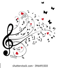 vector illustration of musical notes with red hearts and butterflies