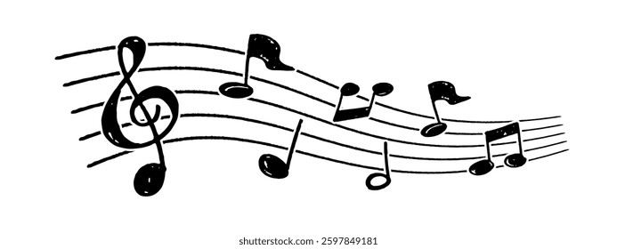 Vector illustration of musical notes scattered on a handwritten staff drawn with a pencil touch. The image looks as if the music played is flowing.