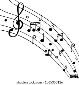 Vector illustration. Musical notes staff background for design use. Notes with music elements.