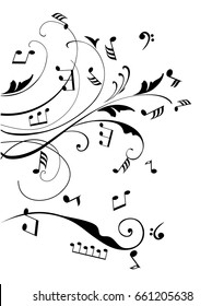 vector illustration of musical notes with swirls background.