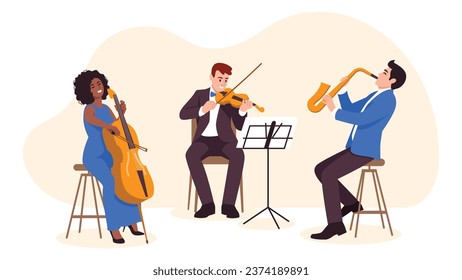 Vector illustration of a musical orchestra. Symphony orchestra cartoon scene: girl playing cello, man playing violin and looking at notes on music stand and man playing saxophone on white background.