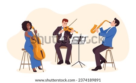 Vector illustration of a musical orchestra. Symphony orchestra cartoon scene: girl playing cello, man playing violin and looking at notes on music stand and man playing saxophone on white background.