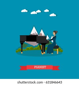 Vector illustration of musician female playing piano. Pianist playing music on outdoors holiday event flat style design element.