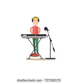 Vector illustration of musician in headphones playing synthesizer in radio. Radio people flat style design element, icon isolated on white background.