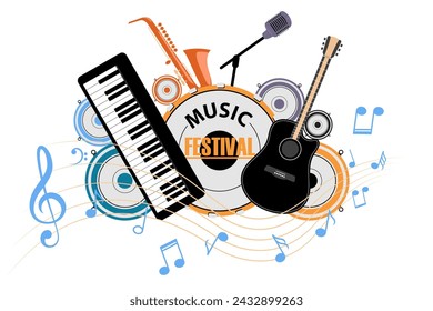 Vector illustration of musician and musical instruments: Guitar, Microphone, saxophone, Piano, Speaker, musical notes for poster, flyer or background
