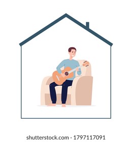Vector illustration of a musician who plays the guitar. Home activity during weekends, quarantines, vacations, or leisure time. Flat illustration activities while staying at home.