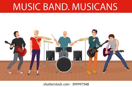 Vector illustration of musicians music band. Group of young rock musician.