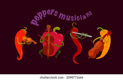 Vector illustration of musicians pepper. Pepper musicians set. Cellists, flutist, violinist. Pepper Orchestra of Classical Music