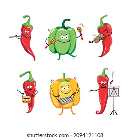 Vector illustration of musicians peppers. Musicians peppers set. Conductor, flutist, violinist, drum, maracas, xylafon. Pepper Orchestra