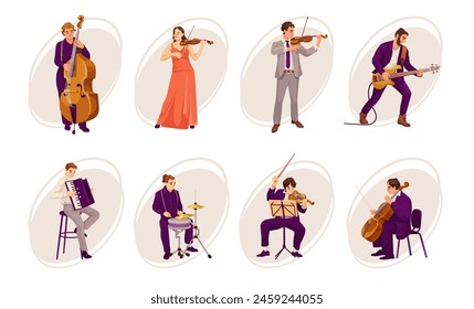 Ilustración vectorial de músicos tocando diferentes instrumentos, en un estilo gráfico plano, sobre un fondo blanco, ilustrando un concepto de conjunto musical. Ilustración vectorial