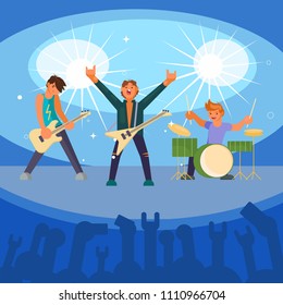 Vector illustration of musicians playing guitars and drum on concert stage illuminated with spotlights. Rock band concert flat style design.